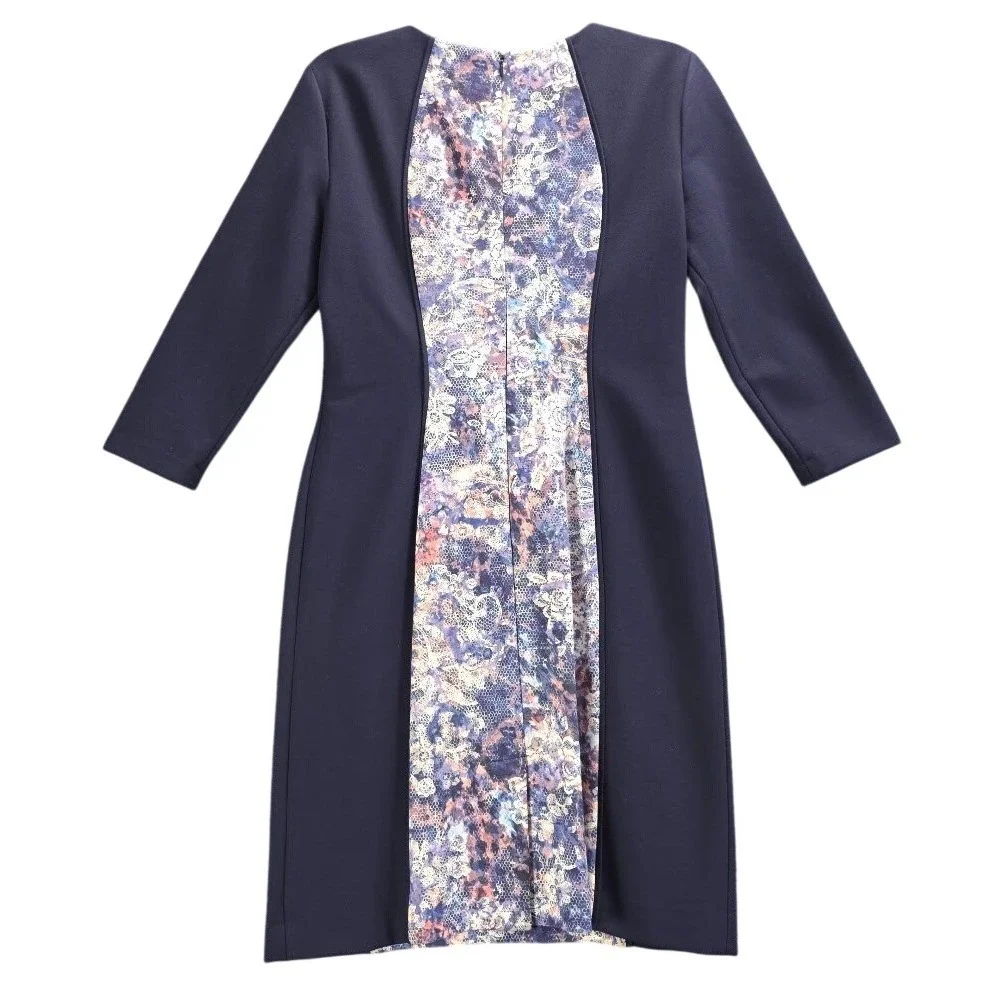 Antonio‎ Melani Navy Blue Floral Lace Print Illusion Sheath Dress 3/4 Sleeve 6